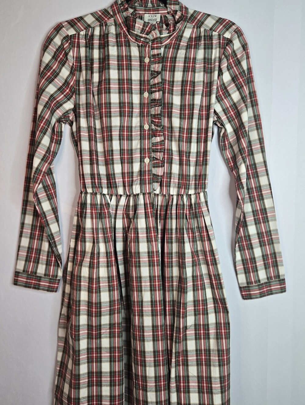 J. CREW Women Size 4 Plaid Cotton L/Sl Dress, Ruffle Neckline & Tie Belt NWT - Picture 8 of 12